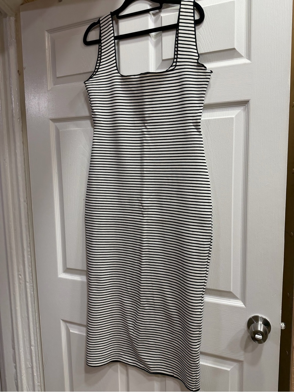 Zara Black & White Striped Square-Neck Midi Dress